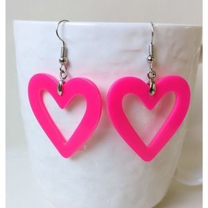NEW Valentine's Day Hollow Cute Heart Dangle Drop Earrings in Hot Pink
